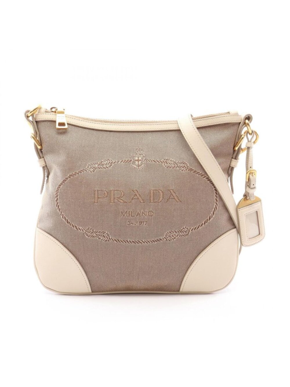 Prada Shoulder Bag Logo Jacquard Beige Ivory Canvas Leather
